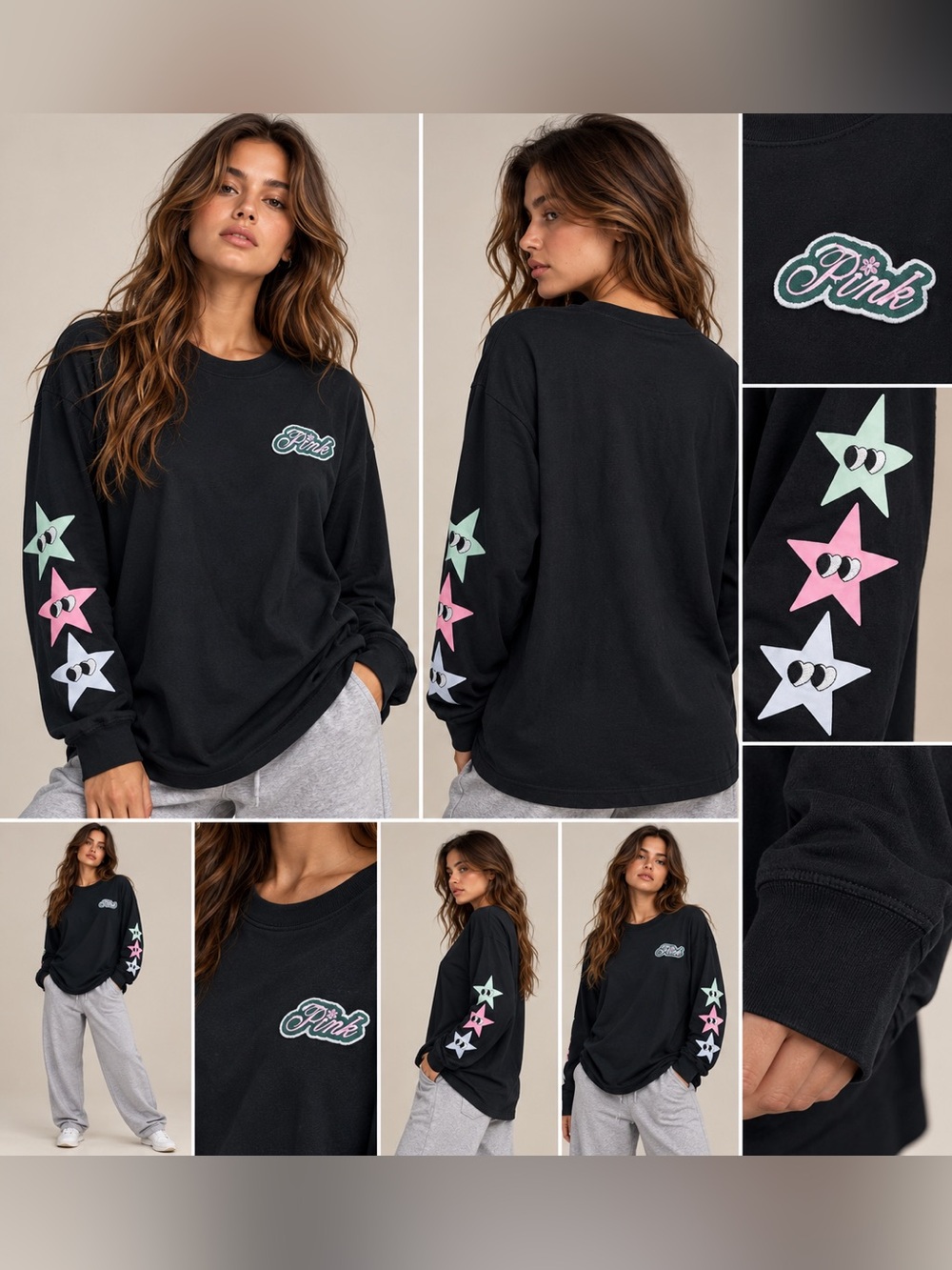 PINK Victoria's Secret Black Long-Sleeve Tee with Star Sleeve Graphics Sz XL NWT